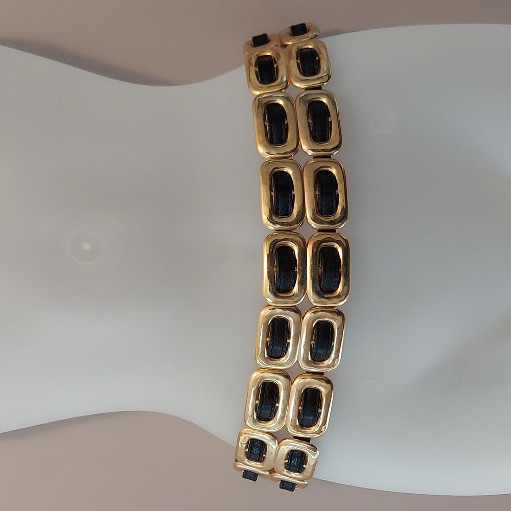 Vintage Late 1980s/Early 1990s Gold Chain & Woven Black Leather Double Link Belt - Picture 3 of 16